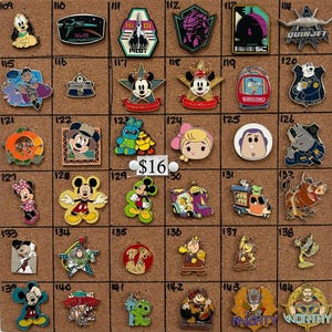 May include: A collection of assorted Disney character enamel pins arranged in a grid on a cork board, each numbered from 109 to 144. The pins feature various figures, vehicles, and symbols from animated films, with a central sign reading $16.