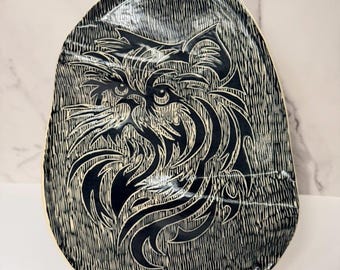 Handmade Black and White Cat Sgraffito Ceramic Large Plate, Charcuterie Plate, Jewelry Tray, Decorative Plate Food Safe