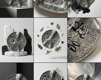 Handmade Black and White Sgraffito Ceramic Charcuterie Set, Jewelry Tray and Divided Plate