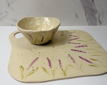 Handmade Ceramic Serving Set, Botanical Leaf Pattern, Oval Platter & Bowl (2 Piece)