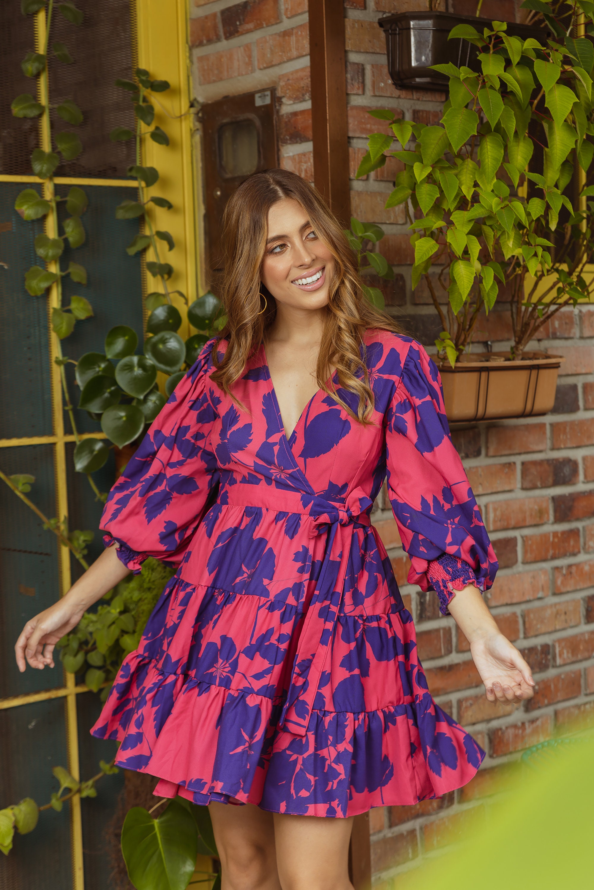 short floral dresses with long sleeves Short Floral-Print Semi-Formal Dress with Long Sleeves Midnight Rose / Small