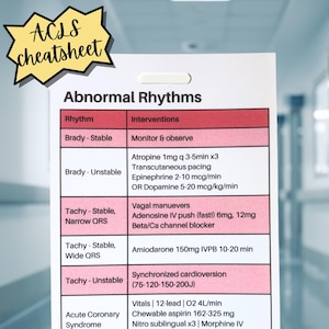 Może przedstawiać: Biała karta z napisem "Nieprawidłowe rytmy" i żółtym wybuchem z napisem "ACLS cheatsheet". Karta zawiera listę rytmów i interwencji, w tym bradykardię, tachykardię i ostry zespół wieńcowy. Tekst jest czarny i czerwony.