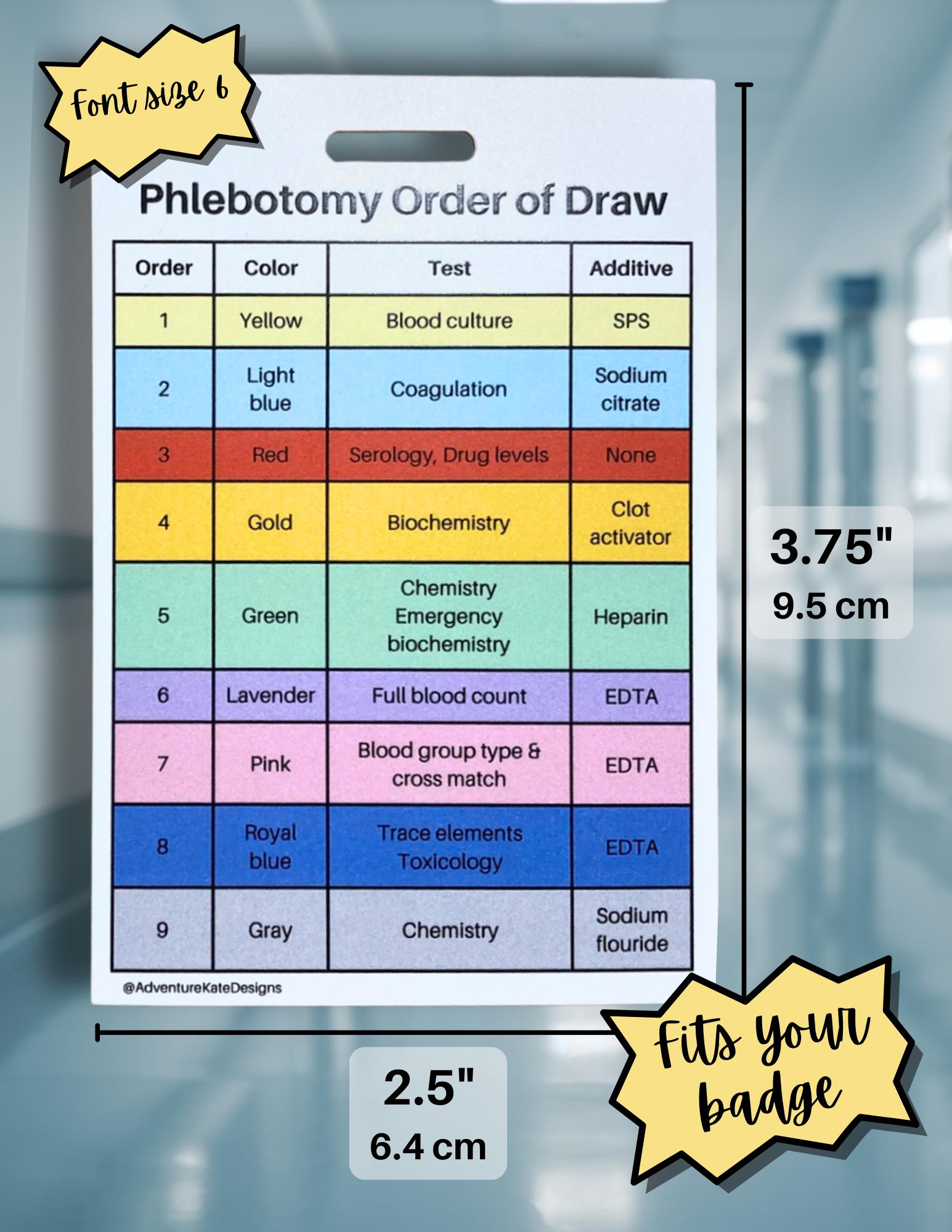 Phlebotomy Order of Draw & Standard Lab Values Waterproof Nurse Badge ...