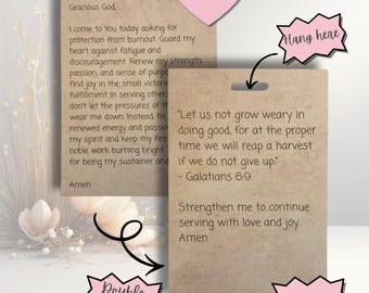 May include: Two rectangular tan cards with black text. One card features a prayer for nurses regarding burnout. The other card displays Galatians 6:9 and a prayer for strength. Pink speech bubbles include text: Prayers for Nurses, Burnout, Hang here, Double sided, Waterproof.