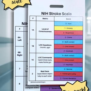 May include: Two-pack of NIH Stroke Scale cards. The cards have a white background with a table of information, including metrics and scores. The text "NIH Stroke Scale" is at the top. The cards are labeled "Two-pack!" and "NIH stroke scale".