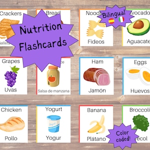 以下が含まれることがあります： 英語とスペイン語で書かれた、さまざまな食品の絵と単語が書かれたカラフルなフラッシュカードのセット。フラッシュカードは、子供たちに栄養と健康的な食事の習慣について教えるために設計されています。