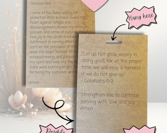 May include: Two brown paper cards with text, one with a prayer for nurses and the other with a bible verse. Pink heart and starburst shapes with text like "Burnout" and "Double sided" are also present. The cards are waterproof.