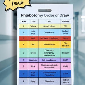 May include: A white reference card titled Phlebotomy Order of Draw with a yellow starburst label reading Order of Draw. The card features a nine-row table detailing tube colors, tests, and additives including SPS, sodium citrate, and EDTA.