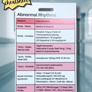May include: A white rectangular ACLS cheatsheet badge with a pink and white table titled Abnormal Rhythms. It lists medical conditions like Brady-Unstable, Tachy-Stable, and Acute Coronary Syndrome with corresponding interventions in black text.