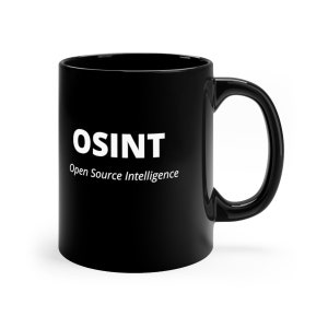 May include: Black ceramic mug with a white handle. The mug features the word "OSINT" in bold white letters, with "Open Source Intelligence" printed below it in a smaller font.