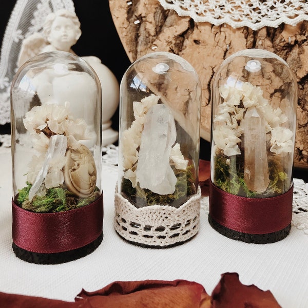 Mini Glass Dome Dioramas: dry preserved flowers with crystal quartz petalite hematoid quartz home witchy goth home decor oddities