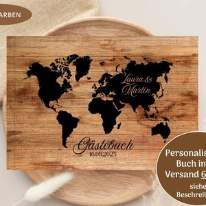 Wedding guest book, wooden look, with questions, personalized