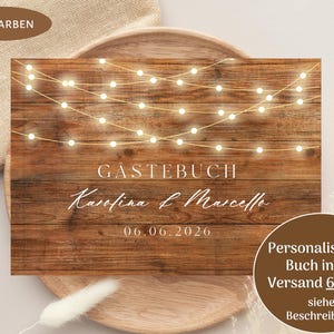 Guest book wood look, with questions, wedding guest book