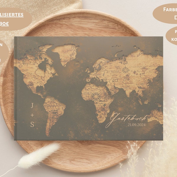 Guest book wedding, world map, travel, special guest book for the wedding, guest book rustic