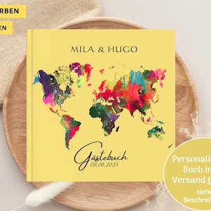 Gästebuch mit Weltkarte, Hochzeitsgästebuch mit Fragen, Personalisiert