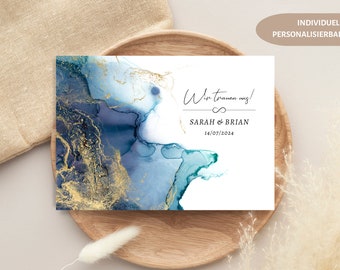 Wedding invitation, watercolor, blue, marble