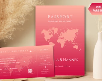 Passport and boarding pass wedding invitation, individually personalized, many colors