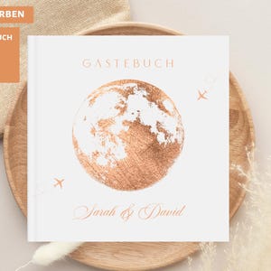 Gästebuch mit Globus in Bronze, Hochzeitsgästebuch mit Fragen, Personalisiert