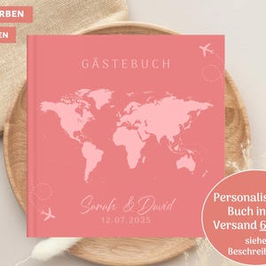 Gästebuch zur Hochzeit, Weltkarte, Personalisiert, mit Fragen
