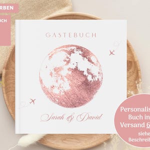 Gästebuch mit Globus in Roségold, Hochzeitsgästebuch mit Fragen, Personalisiert