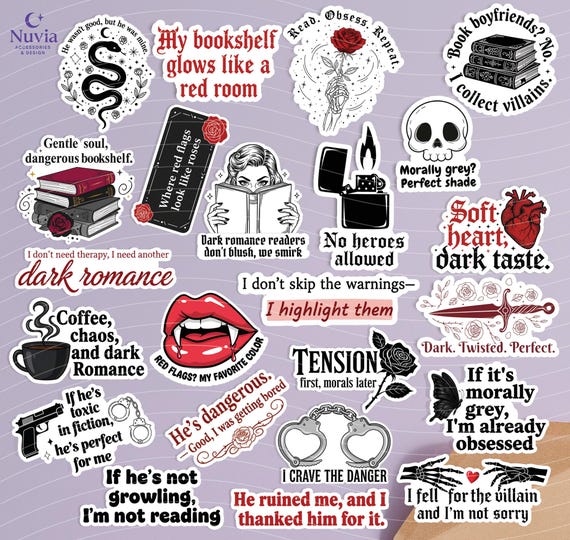 Dark romance Sticker Pack – Set of 23 Vinyl Stickers | Laminated Waterproof Stickers | Bookish Stickers