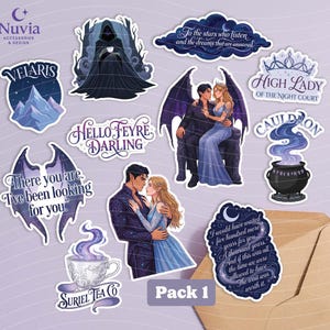 May include: A collection of fantasy-themed vinyl stickers featuring illustrations of characters, a cauldron, a teacup, and text quotes including Velaris, High Lady of the Night Court, Hello Feyre Darling, and Suriel Tea Co, arranged on a light purple background.