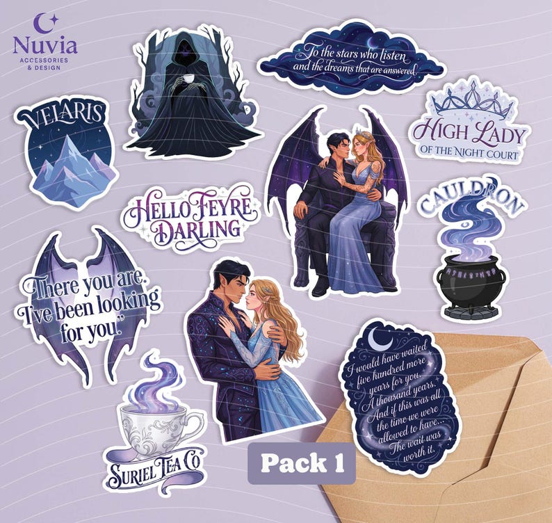 May include: A collection of fantasy-themed vinyl stickers featuring illustrations of characters, a cauldron, a teacup, and text quotes including Velaris, High Lady of the Night Court, Hello Feyre Darling, and Suriel Tea Co, arranged on a light purple background.