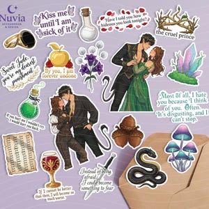 May include: A collection of fantasy-themed stickers featuring illustrations of couples, crystals, a snake, mushrooms, and other elements. The stickers include text such as "Kiss me until I am sick of it" and "Sweet Jude, you're my dearest punishment."