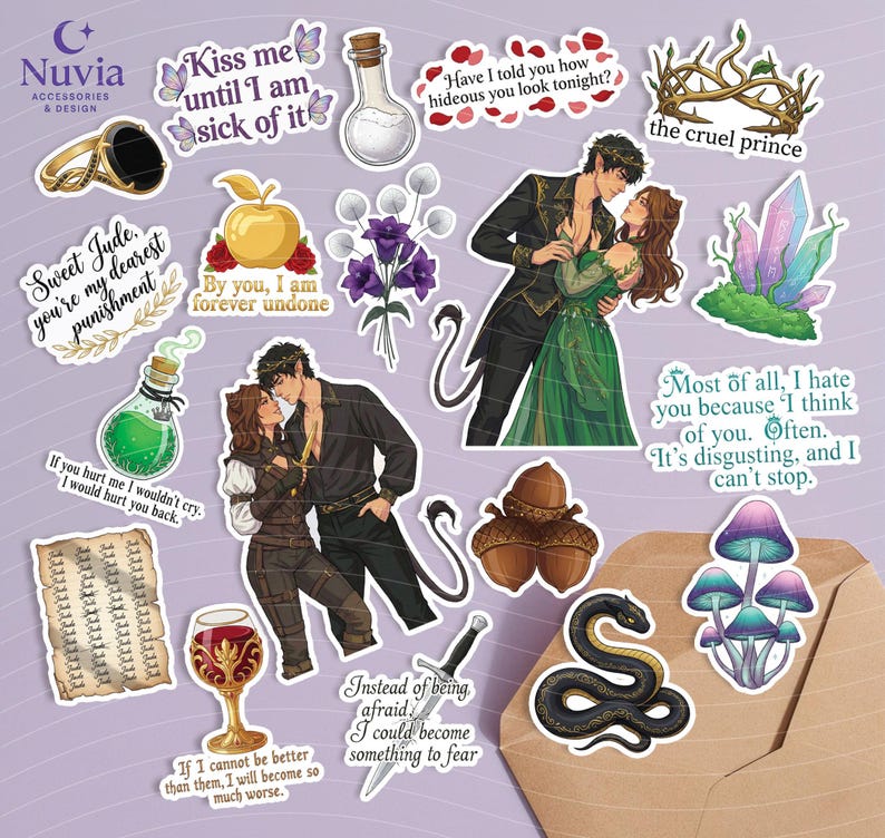 May include: A collection of fantasy-themed stickers featuring illustrations of couples, crystals, a snake, mushrooms, and other elements. The stickers include text such as "Kiss me until I am sick of it" and "Sweet Jude, you're my dearest punishment."
