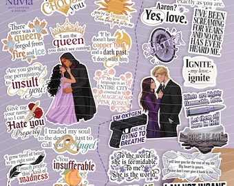 May include: A collection of die-cut vinyl stickers featuring various romantic and fantasy-themed illustrations, quotes, and typography. The designs include characters, weapons, flowers, and text phrases like I Choose You, Shatter, and I Am Not Insane.