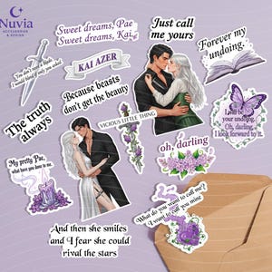May include: A collection of stickers with romantic and fantasy themes. The stickers feature illustrations of couples, swords, butterflies, and floral elements. Text includes phrases like "Sweet dreams, Pae," and "Just call me yours."