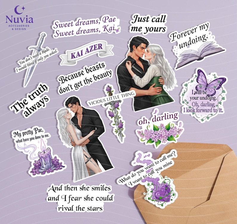 May include: A collection of stickers with romantic and fantasy themes. The stickers feature illustrations of couples, swords, butterflies, and floral elements. Text includes phrases like "Sweet dreams, Pae," and "Just call me yours."