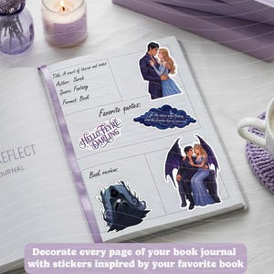 May include: An open journal page featuring printed sections for book details and five stickers. The stickers depict a couple embracing, a dark hooded figure, a couple with wings, and text reading Hello Feyre Darling and To the stars who listen.