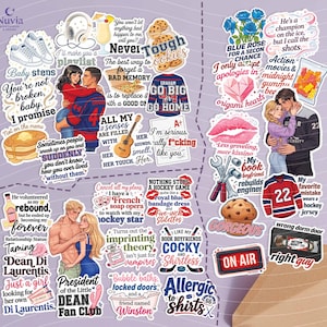 May include: A collection of stickers with various romantic and humorous themes. Designs include couples, food, text, and objects like a guitar, hockey jersey, and tools. The color palette is diverse, with shades of blue, red, and yellow.