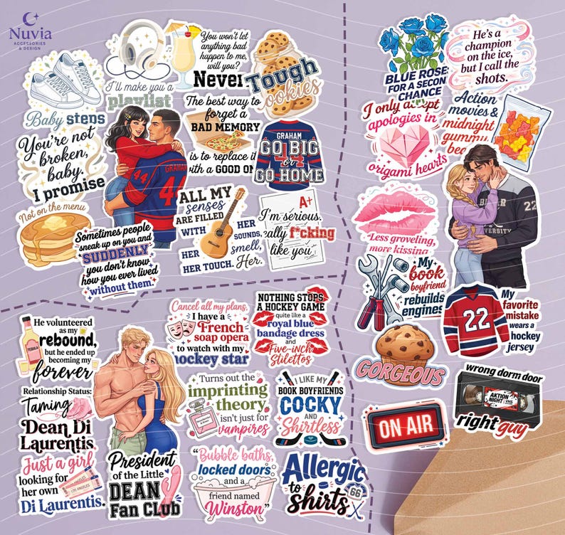 May include: A collection of stickers with various romantic and humorous themes. Designs include couples, food, text, and objects like a guitar, hockey jersey, and tools. The color palette is diverse, with shades of blue, red, and yellow.