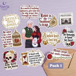 May include: A collection of stickers with gothic romance themes. Designs include quotes, illustrations of couples, skulls, keys, and clocks. The stickers are in various shapes and sizes, with a neutral background.