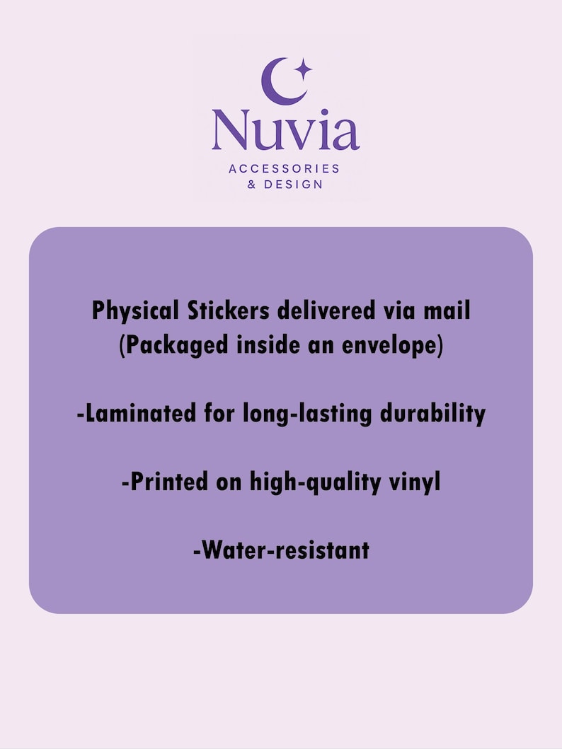 Może przedstawiać: Jasnofioletowa grafika z logo Nuvia Accessories & Design. Grafika zawiera tekst: "Naklejki fizyczne dostarczane pocztą (Pakowane w kopercie)", "Laminowane dla długotrwałej trwałości", "Drukowane na wysokiej jakości winylu" i "Wodoodporne".