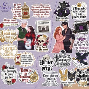 May include: A collection of gothic-themed stickers with romantic and dark fantasy elements. Designs include couples, skulls, quotes, and illustrations of a cat, fox, and raven. The stickers feature phrases like "Devil's Only Angel" and "Love is the deadliest trap."