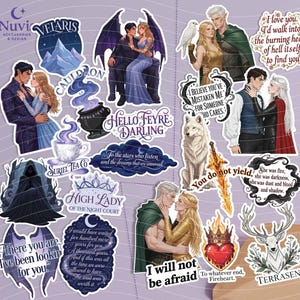 May include: A collection of die-cut vinyl stickers featuring fantasy-themed illustrations of couples, a wolf, a stag, a cauldron, and quotes including "To the stars who listen" and "I will not be afraid" on a light purple background.