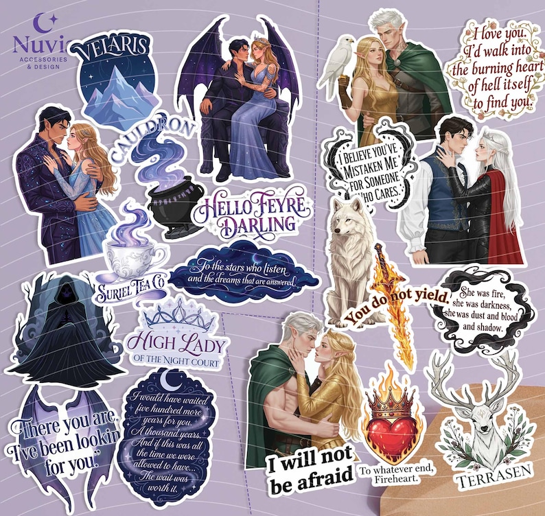 May include: A collection of die-cut vinyl stickers featuring fantasy-themed illustrations of couples, a wolf, a stag, a cauldron, and quotes including "To the stars who listen" and "I will not be afraid" on a light purple background.