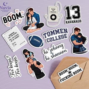 May include: A collection of stickers with various designs and text. The stickers feature illustrations of couples, a football, an MP3 player, and phrases like "BOOM" and "For keeps?" The color palette includes blue, white, and black.