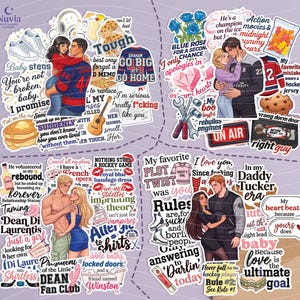 May include: A collection of die-cut stickers featuring romantic illustrations of couples, hockey-themed imagery, food items like pancakes and gummy bears, and various text quotes including phrases like Go Big or Go Home and My favorite plot twist was you.
