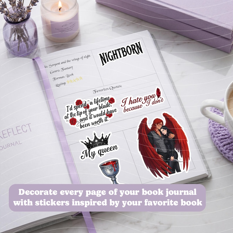 May include: A journal open to a page with stickers featuring quotes and imagery from the book "Nightborn." Stickers include a crown, a chalice, and a couple with red wings. The text "Decorate every page of your book journal with stickers inspired by your favorite book" is also visible.