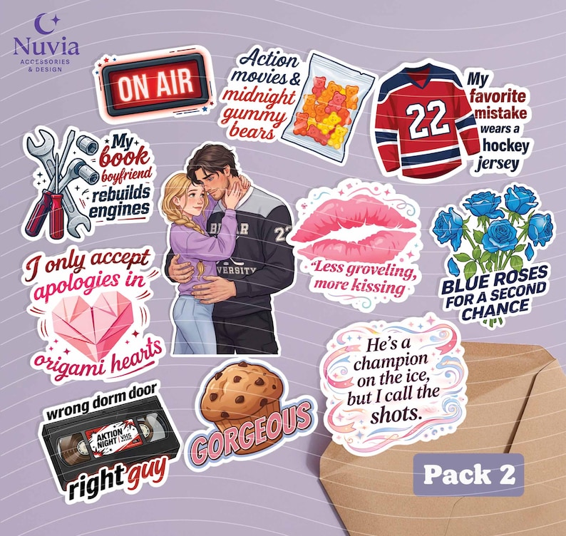 May include: A collection of stickers with various designs and text. Includes a red and blue hockey jersey, a couple embracing, a cookie, a VHS tape, and a bag of gummy bears. Text includes "On Air", "Gorgeous", and "Pack 2".