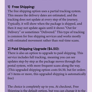 May include: A lilac-colored graphic with text detailing two shipping options: free shipping with partial tracking and a paid upgrade with full tracking. The text explains the tracking differences and the customer's choice.