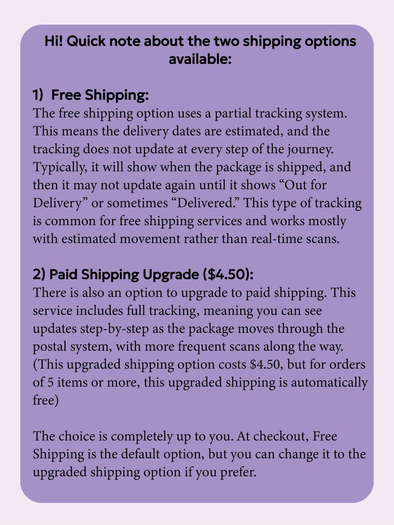 May include: A lilac-colored graphic with text detailing two shipping options: free shipping with partial tracking and a paid upgrade with full tracking. The text explains the tracking differences and the customer's choice.