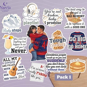 May include: A sticker pack featuring various designs. Included are stickers with text like "Baby steps," "You're not broken, baby, I promise," and "Go big or go home." Other stickers depict a couple, a guitar, and a cocktail.
