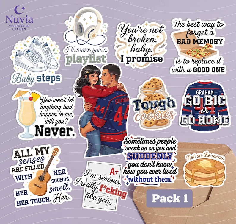 May include: A sticker pack featuring various designs. Included are stickers with text like "Baby steps," "You're not broken, baby, I promise," and "Go big or go home." Other stickers depict a couple, a guitar, and a cocktail.