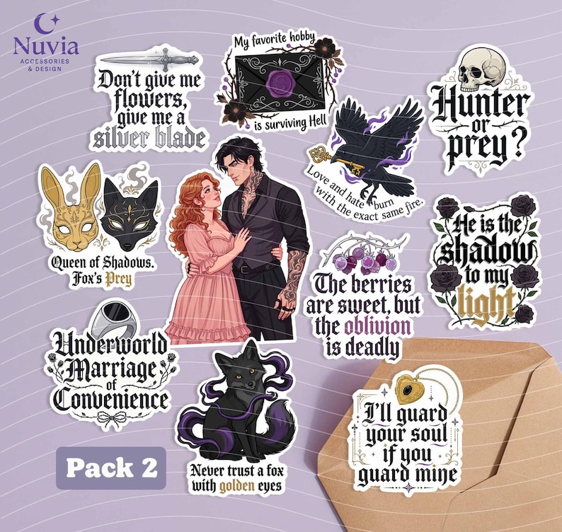May include: A collection of fantasy-themed stickers with various designs and quotes. Includes images of a raven, a skull, a couple, a fox, and other mystical elements. Text includes "Hunter or prey?" and "Never trust a fox with golden eyes."