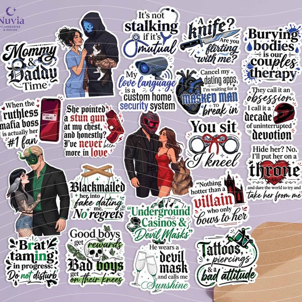 Dark Romance Masked Men Bookish Sticker Pack, Masked Stalker – Set of 21 Vinyl Stickers | Laminated Waterproof Stickers